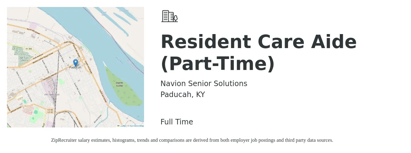 Navion Senior Solutions job posting for a Resident Care Aide (Part-Time) in Paducah, KY with a salary of $15 to $20 Hourly with a map of Paducah location.