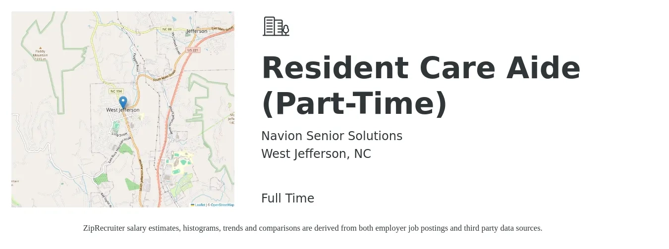 Navion Senior Solutions job posting for a Resident Care Aide (Part-Time) in West Jefferson, NC with a salary of $14 to $18 Hourly with a map of West Jefferson location.