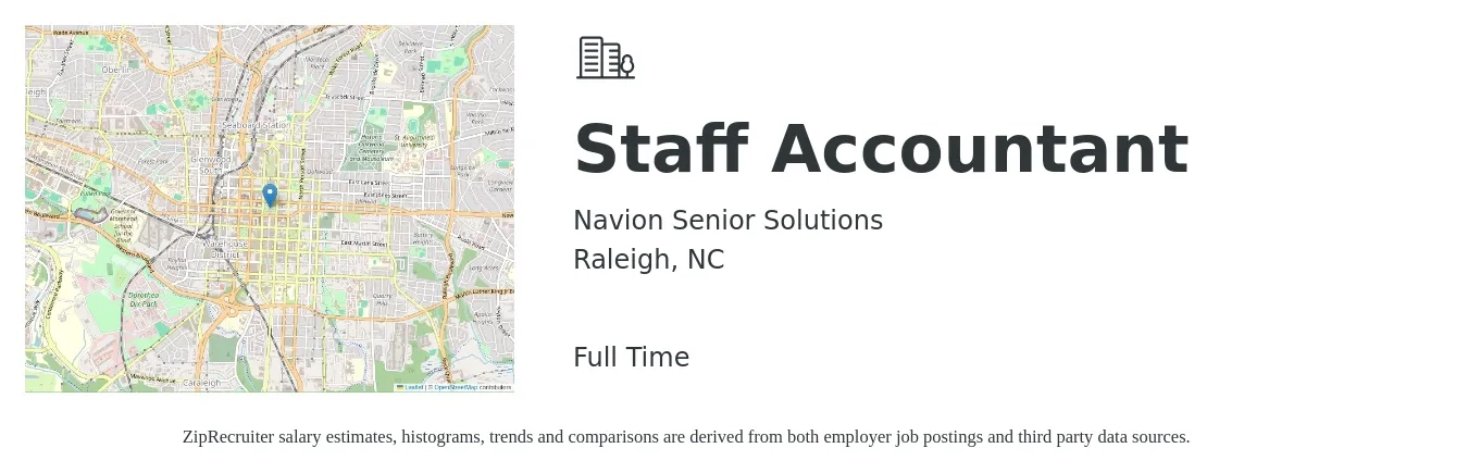 Navion Senior Solutions job posting for a Staff Accountant in Raleigh, NC with a salary of $53,500 to $70,500 Yearly with a map of Raleigh location.