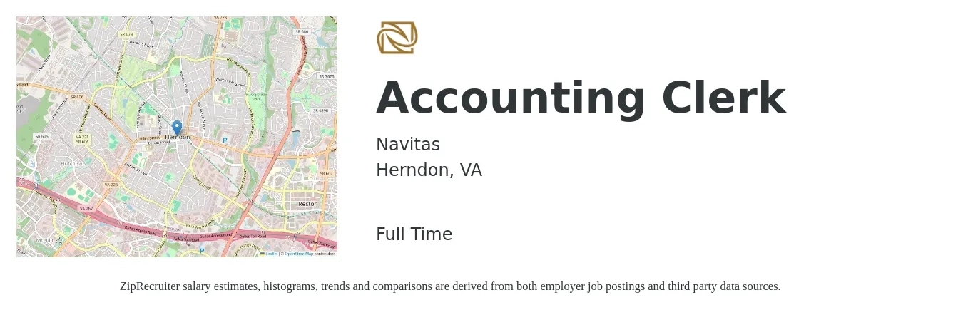 Navitas job posting for a Accounting Clerk in Herndon, VA with a salary of $19 to $24 Hourly with a map of Herndon location.