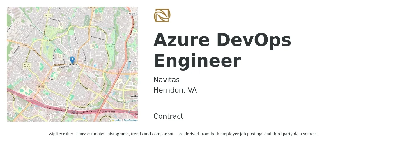 Navitas job posting for a Azure DevOps Engineer in Herndon, VA with a salary of $54 to $74 Hourly with a map of Herndon location.