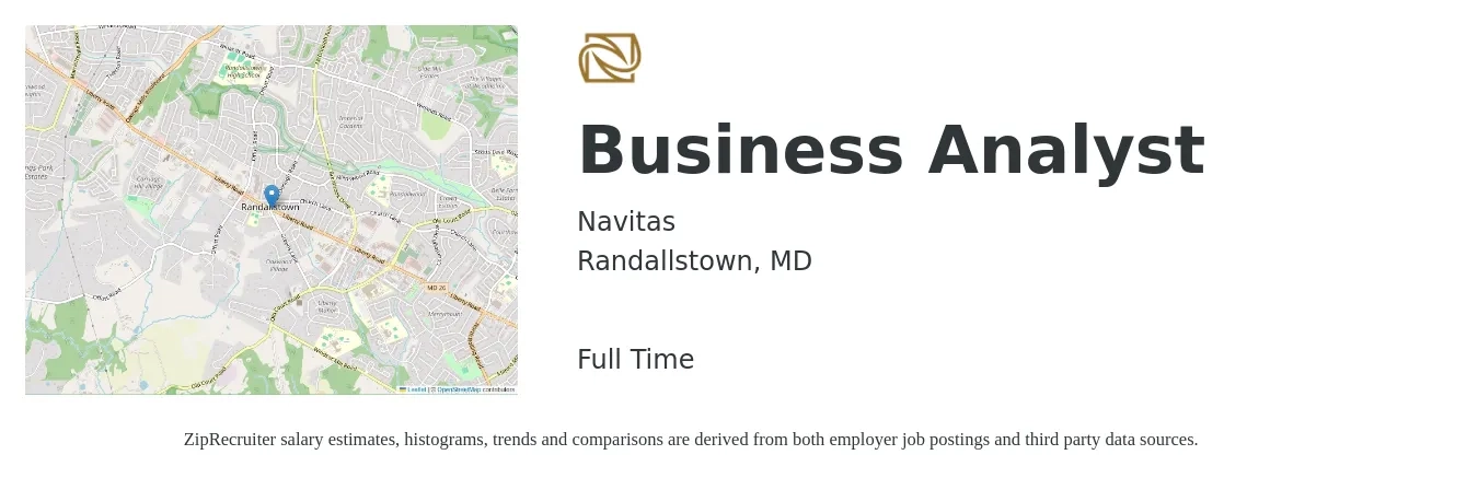 Navitas job posting for a Business Analyst in Randallstown, MD with a salary of $36 to $60 Hourly with a map of Randallstown location.