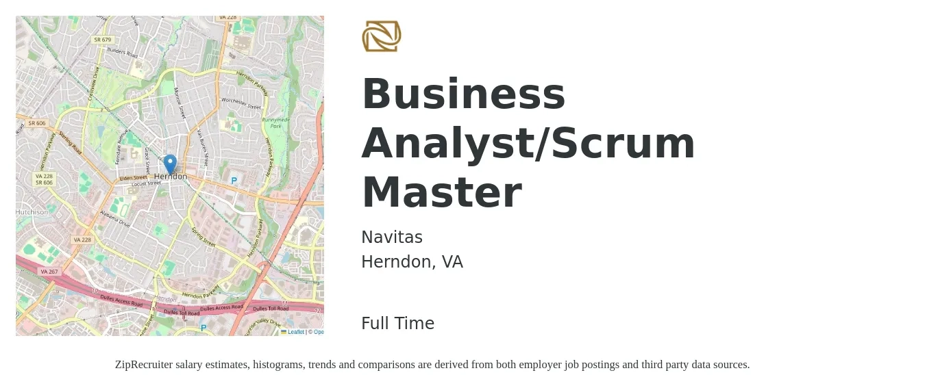 Navitas job posting for a Business Analyst/Scrum Master in Herndon, VA with a salary of $38 to $64 Hourly with a map of Herndon location.