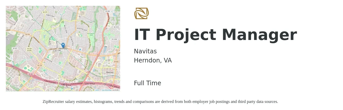 Navitas job posting for a IT Project Manager in Herndon, VA with a salary of $101,300 to $119,800 Yearly with a map of Herndon location.