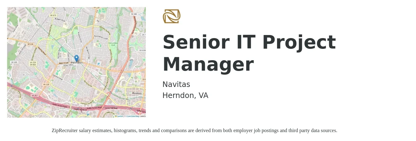 Navitas job posting for a Senior IT Project Manager in Herndon, VA with a salary of $134,700 to $135,200 Yearly with a map of Herndon location.