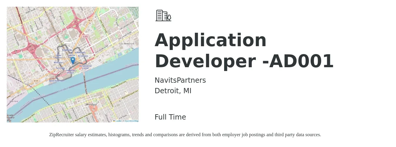 NavitsPartners job posting for a Application Developer -AD001 in Detroit, MI with a salary of $44 to $62 Hourly with a map of Detroit location.