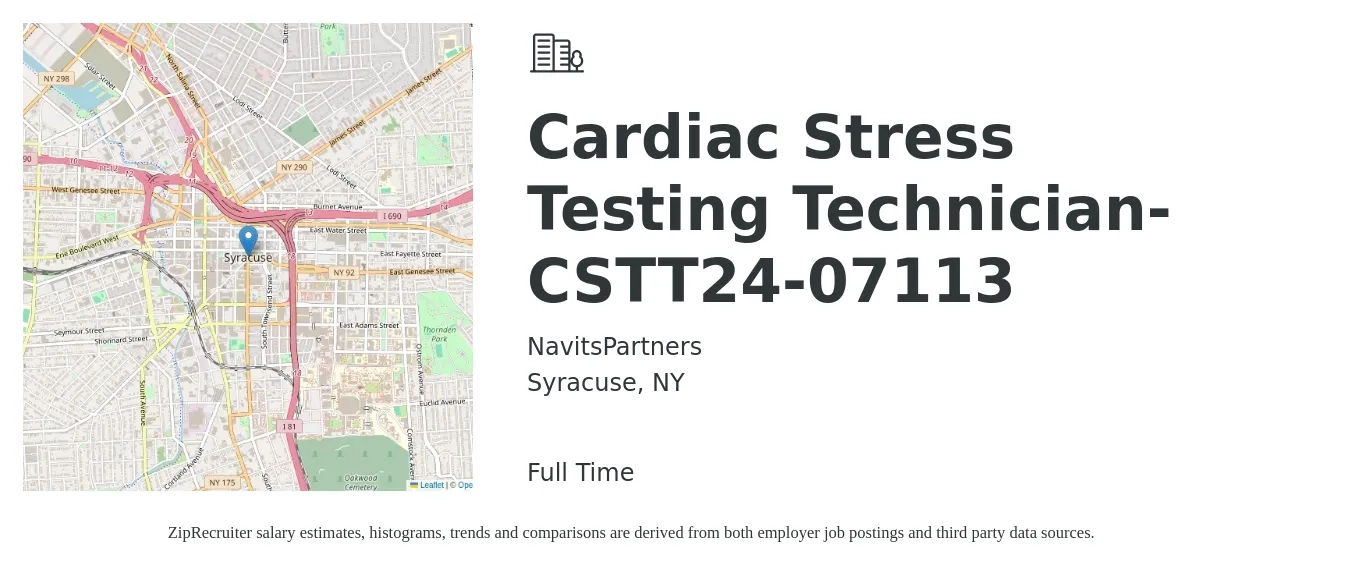 NavitsPartners job posting for a Cardiac Stress Testing Technician-CSTT24-07113 in Syracuse, NY with a map of Syracuse location.