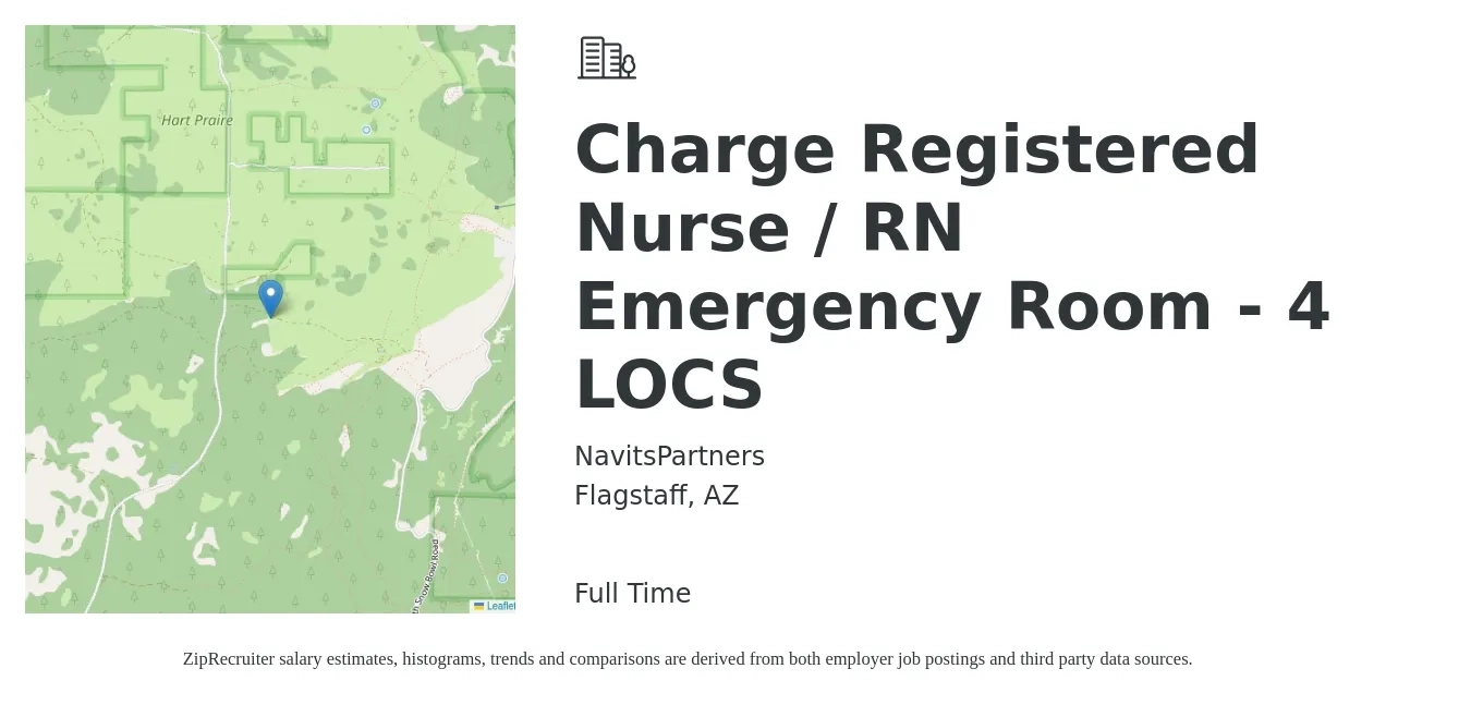 NavitsPartners job posting for a Charge Registered Nurse / RN Emergency Room - 4 LOCS in Flagstaff, AZ with a salary of $1,980 to $2,810 Weekly with a map of Flagstaff location.