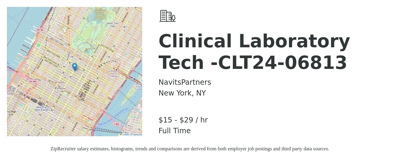 NavitsPartners job posting for a Clinical Laboratory Tech -CLT24-06813 in New York, NY with a salary of $16 to $31 Hourly with a map of New York location.