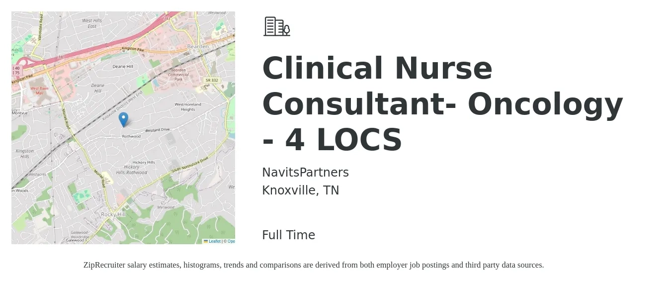 NavitsPartners job posting for a Clinical Nurse Consultant- Oncology - 4LOCS in Knoxville, TN with a salary of $66,800 to $98,300 Yearly with a map of Knoxville location.