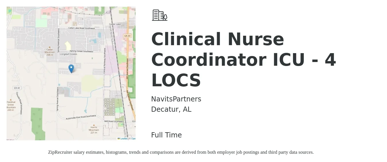NavitsPartners job posting for a Clinical Nurse Coordinator ICU - 4LOCS in Decatur, AL with a salary of $24 to $48 Hourly with a map of Decatur location.
