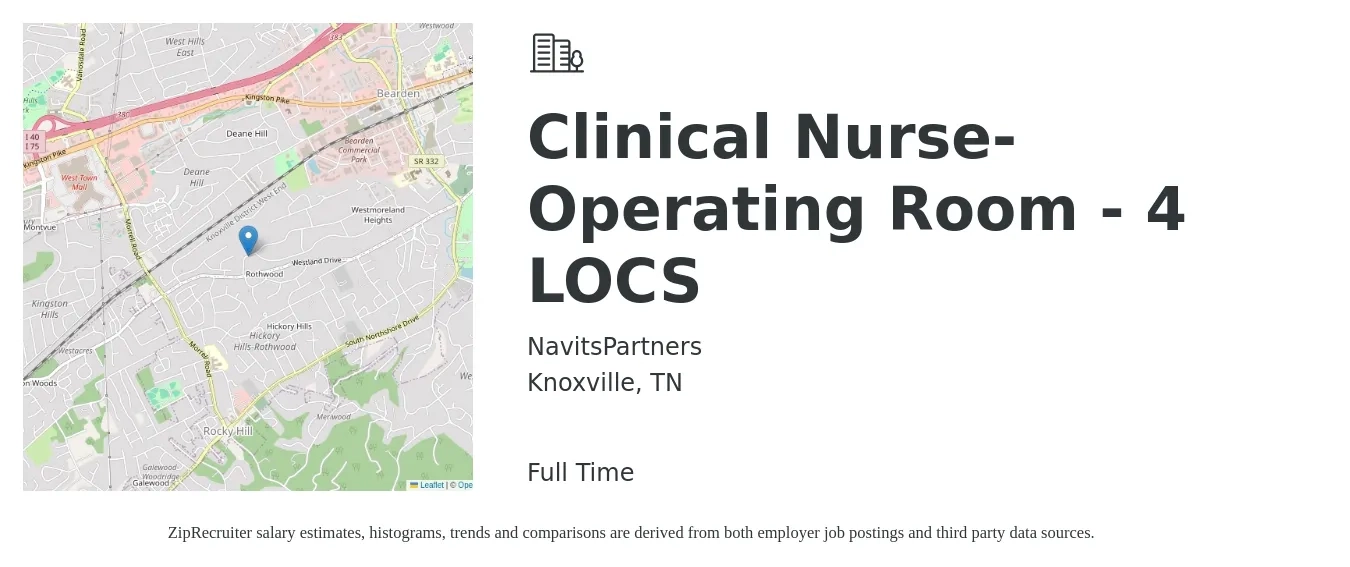 NavitsPartners job posting for a Clinical Nurse- Operating Room - 4 LOCS in Knoxville, TN with a salary of $36 to $48 Hourly with a map of Knoxville location.