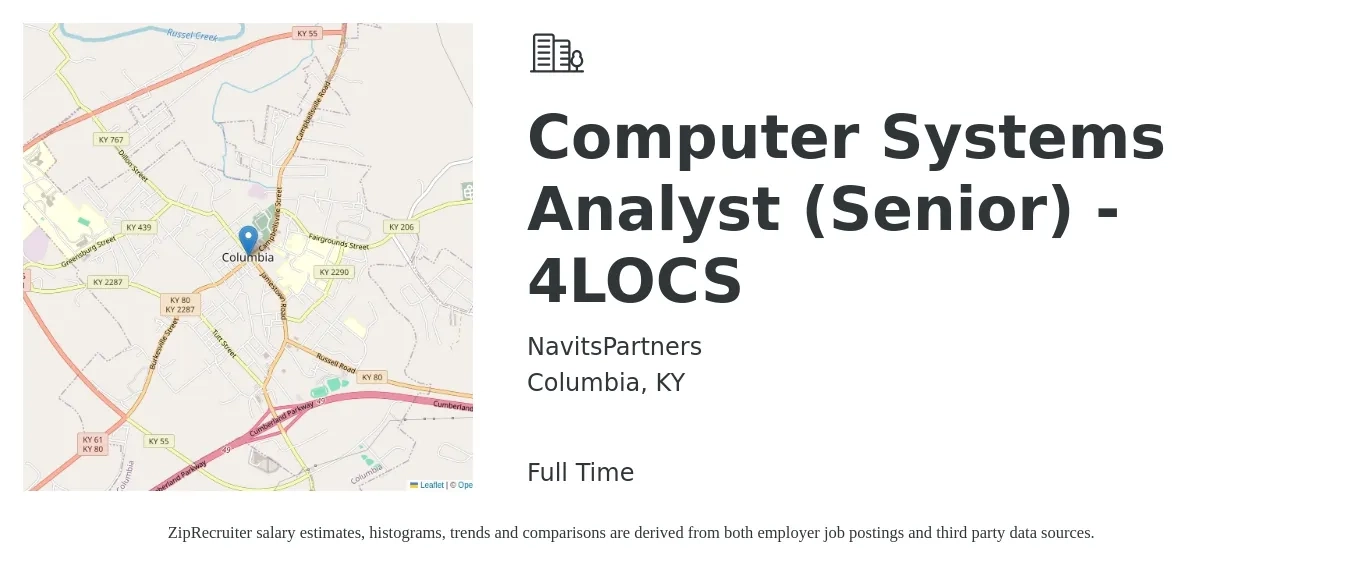 NavitsPartners job posting for a Computer Systems Analyst (Senior) - 4LOCS in Columbia, KY with a salary of $73,300 to $107,600 Yearly with a map of Columbia location.
