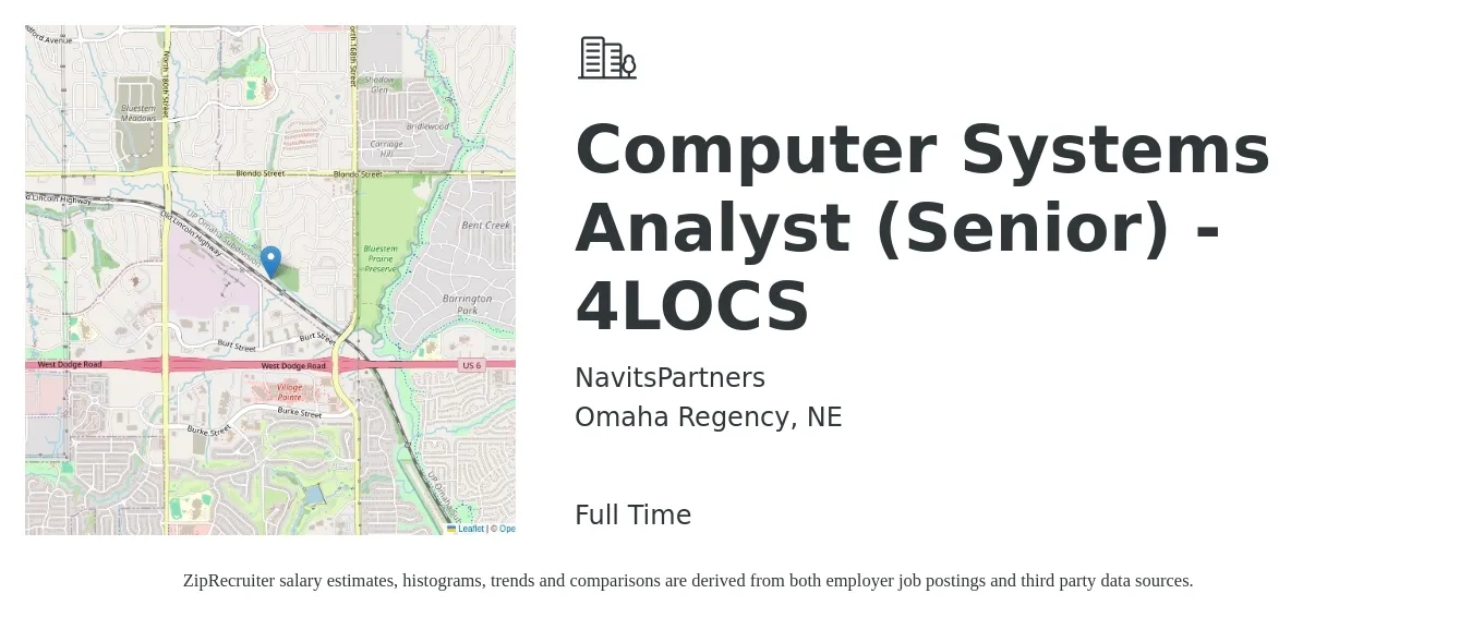 NavitsPartners job posting for a Computer Systems Analyst (Senior) - 4LOCS in Omaha Regency, NE with a salary of $82,500 to $121,000 Yearly with a map of Omaha Regency location.