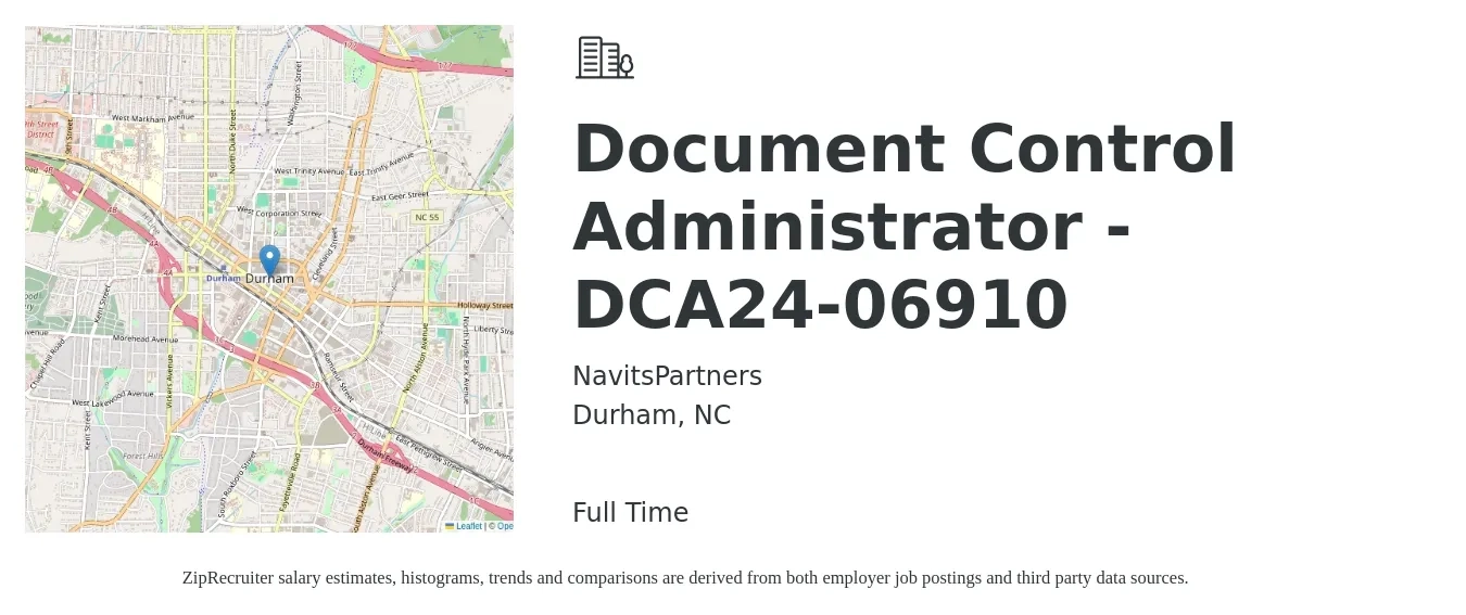 NavitsPartners job posting for a Document Control Administrator -DCA24-06910 in Durham, NC with a salary of $20 to $32 Hourly with a map of Durham location.