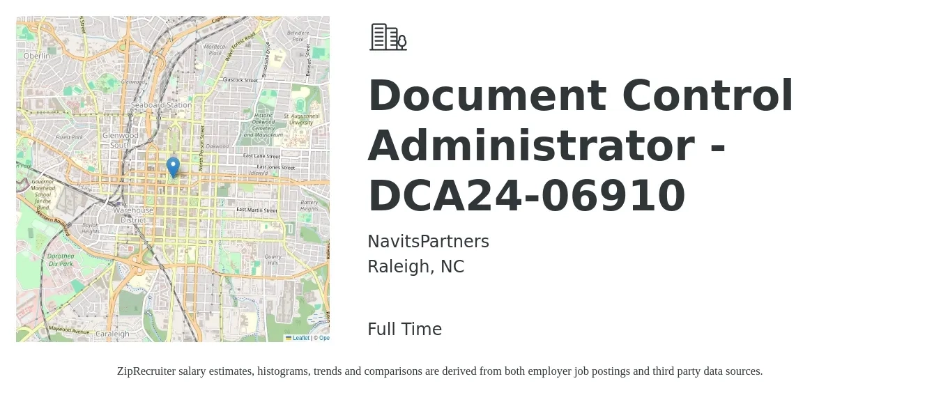 NavitsPartners job posting for a Document Control Administrator -DCA24-06910 in Raleigh, NC with a salary of $20 to $32 Hourly with a map of Raleigh location.