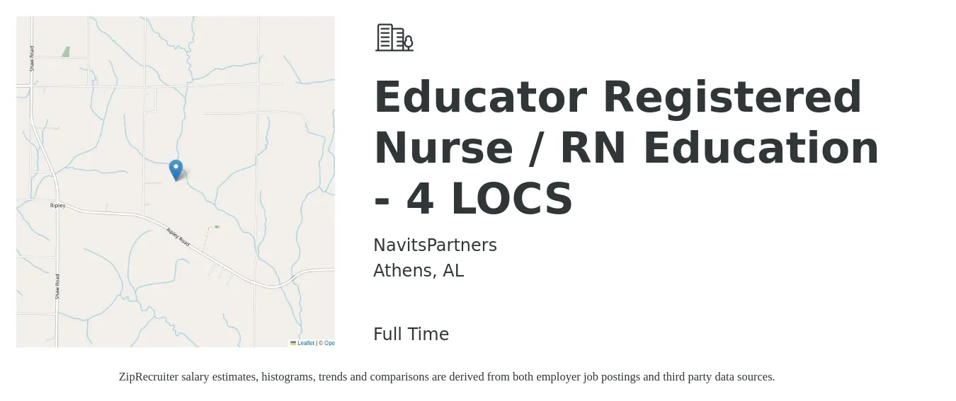 NavitsPartners job posting for a Educator Registered Nurse / RN Education - 4 LOCS in Athens, AL with a salary of $69,500 to $118,700 Yearly with a map of Athens location.