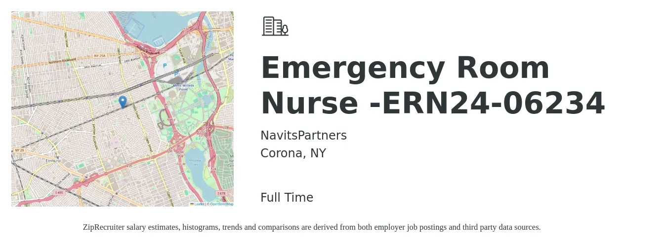 NavitsPartners job posting for a Emergency Room Nurse -ERN24-06234 in Corona, NY with a salary of $33 to $53 Hourly with a map of Corona location.
