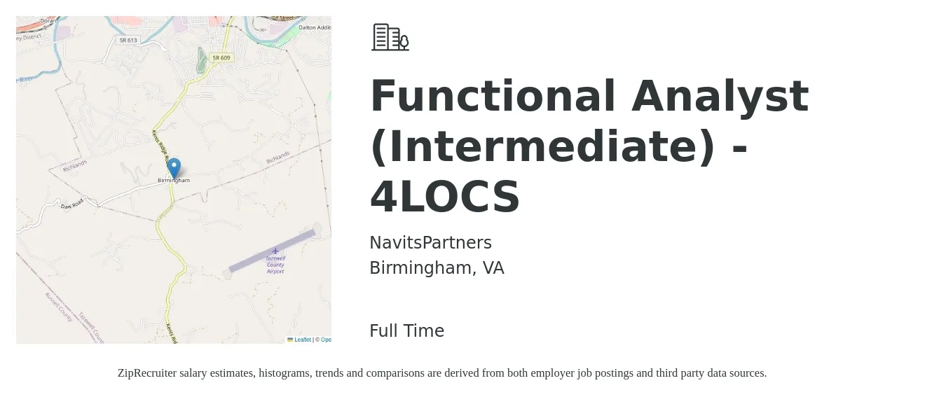 NavitsPartners job posting for a Functional Analyst (Intermediate) - 4LOCS in Birmingham, VA with a salary of $31 to $62 Hourly with a map of Birmingham location.