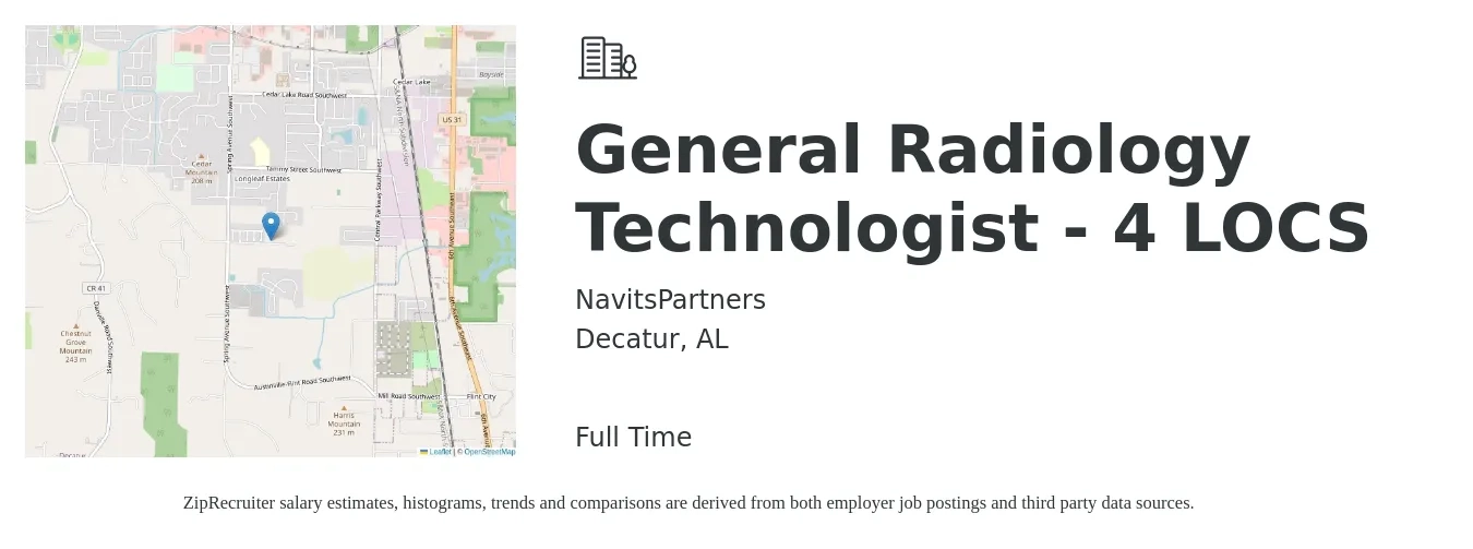 NavitsPartners job posting for a General Radiology Technologist - 4 LOCS in Decatur, AL with a salary of $1,120 to $2,330 Weekly with a map of Decatur location.