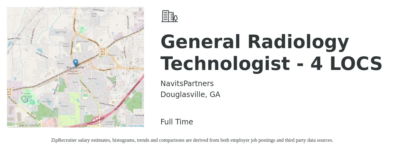 NavitsPartners job posting for a General Radiology Technologist - 4 LOCS in Douglasville, GA with a salary of $1,070 to $2,220 Weekly with a map of Douglasville location.