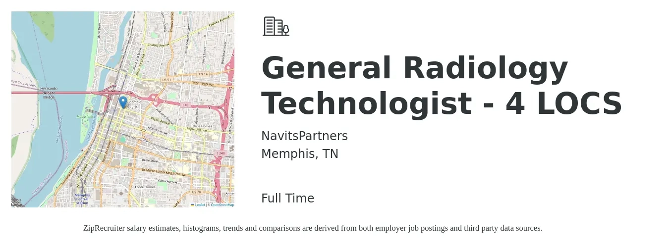 NavitsPartners job posting for a General Radiology Technologist - 4 LOCS in Memphis, TN with a salary of $1,170 to $2,420 Weekly with a map of Memphis location.