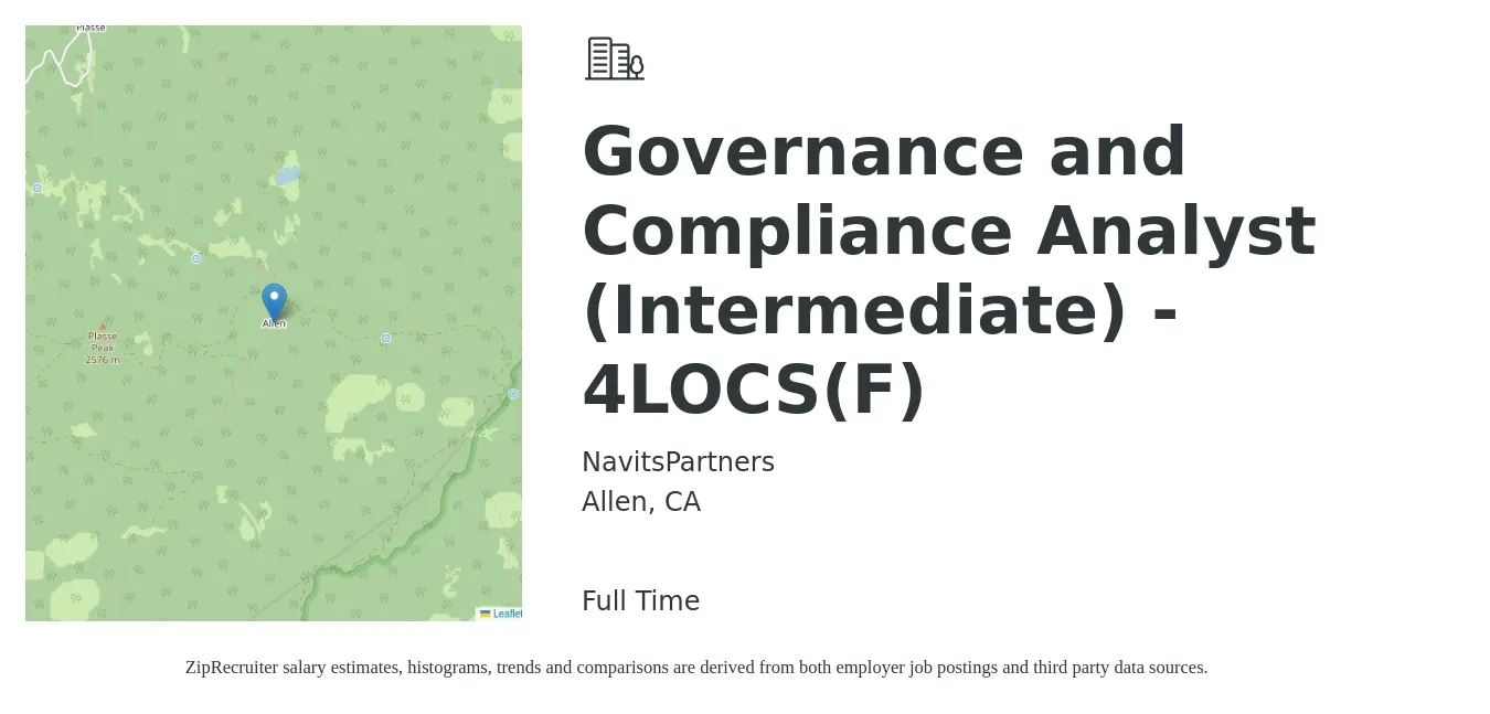 NavitsPartners job posting for a Governance and Compliance Analyst (Intermediate) - 4LOCS(F) in Allen, CA with a salary of $109,100 to $109,700 Yearly with a map of Allen location.