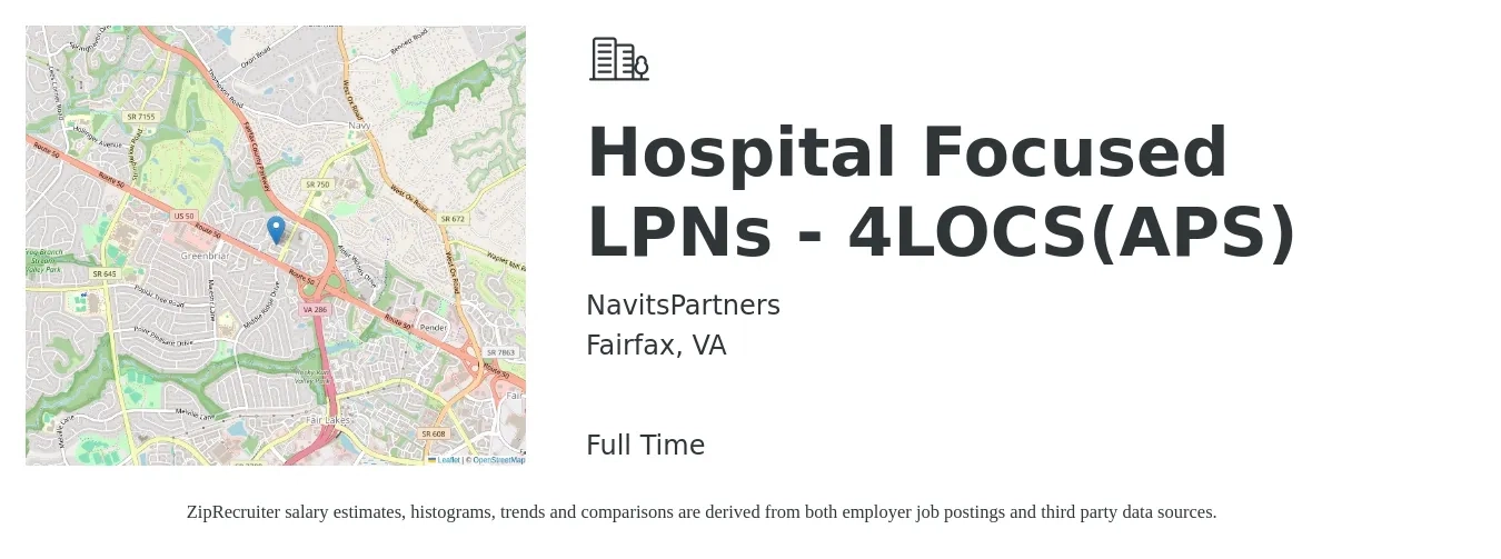 NavitsPartners job posting for a Hospital Focused LPNs - 4LOCS(APS) in Fairfax, VA with a salary of $26 to $36 Hourly with a map of Fairfax location.