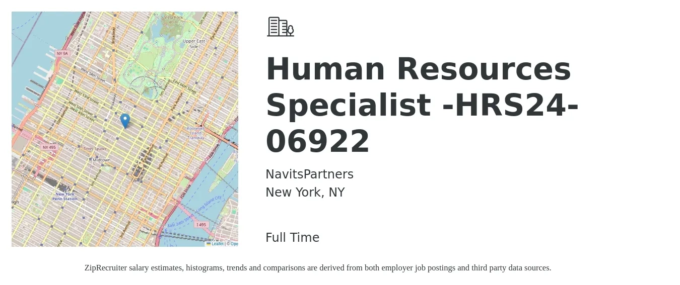 NavitsPartners job posting for a Human Resources Specialist -HRS24-06922 in New York, NY with a salary of $51,400 to $107,800 Yearly with a map of New York location.