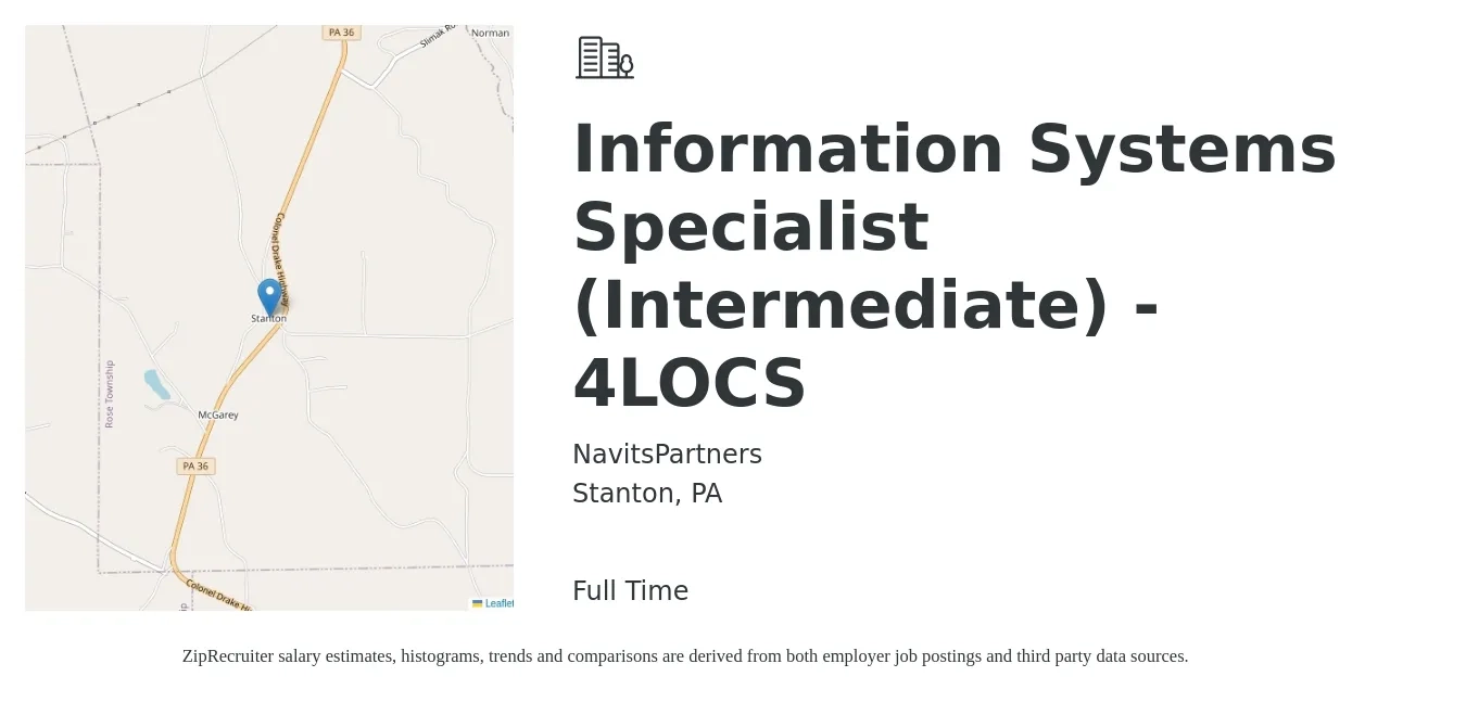 NavitsPartners job posting for a Information Systems Specialist (Intermediate) - 4LOCS in Stanton, PA with a salary of $66,100 to $92,800 Yearly with a map of Stanton location.