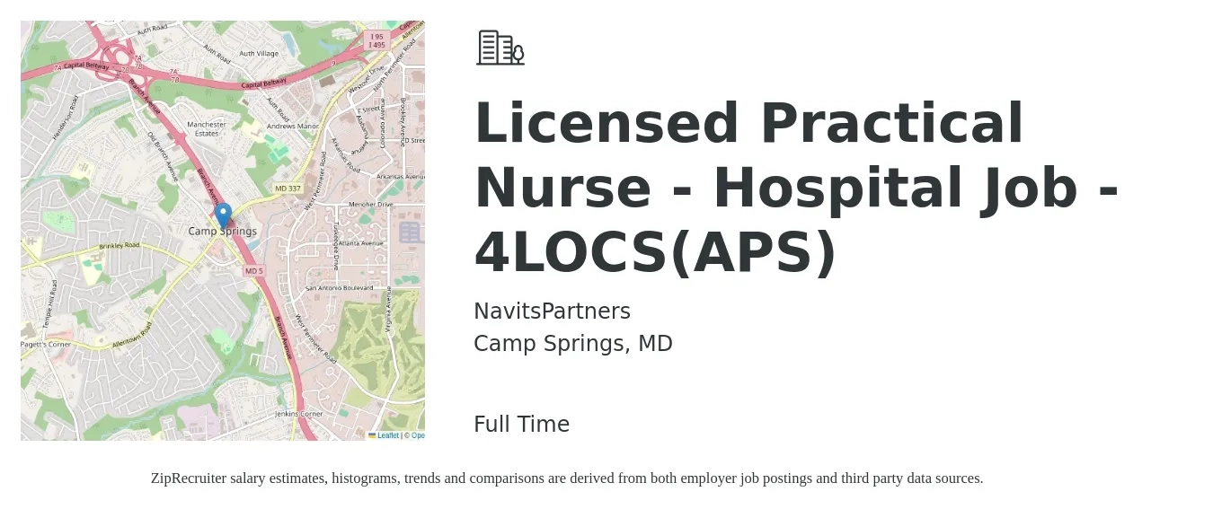 NavitsPartners job posting for a Licensed Practical Nurse - Hospital Job - 4LOCS(APS) in Camp Springs, MD with a salary of $27 to $37 Hourly with a map of Camp Springs location.