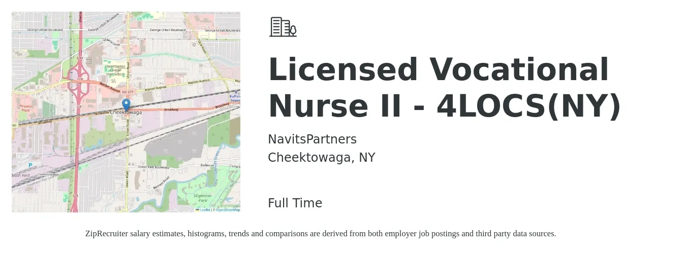 NavitsPartners job posting for a Licensed Vocational Nurse II - 4LOCS(NY) in Cheektowaga, NY with a salary of $28 to $37 Hourly with a map of Cheektowaga location.