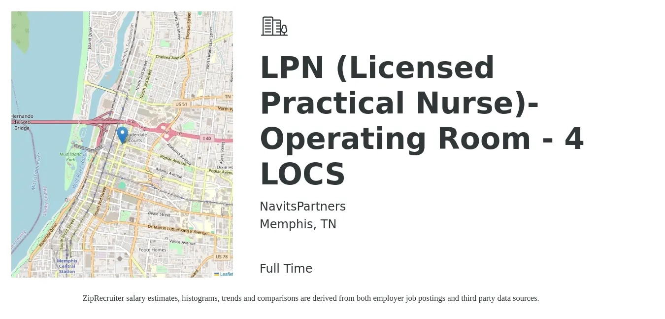 NavitsPartners job posting for a LPN (Licensed Practical Nurse)- Operating Room - 4 LOCS in Memphis, TN with a salary of $25 to $34 Hourly with a map of Memphis location.