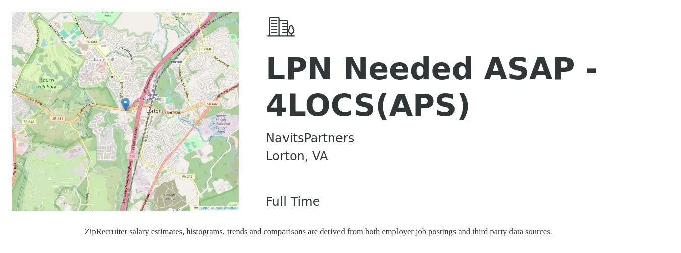 NavitsPartners job posting for a LPN Needed ASAP - 4LOCS(APS) in Lorton, VA with a salary of $26 to $36 Hourly with a map of Lorton location.