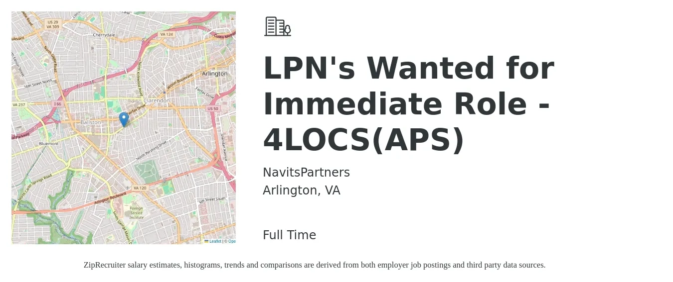 NavitsPartners job posting for a LPN's Wanted for Immediate Role - 4LOCS(APS) in Arlington, VA with a salary of $30 to $40 Hourly with a map of Arlington location.