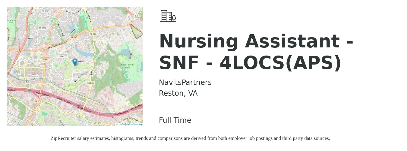NavitsPartners job posting for a Nursing Assistant - SNF - 4LOCS(APS) in Reston, VA with a salary of $16 to $20 Hourly with a map of Reston location.