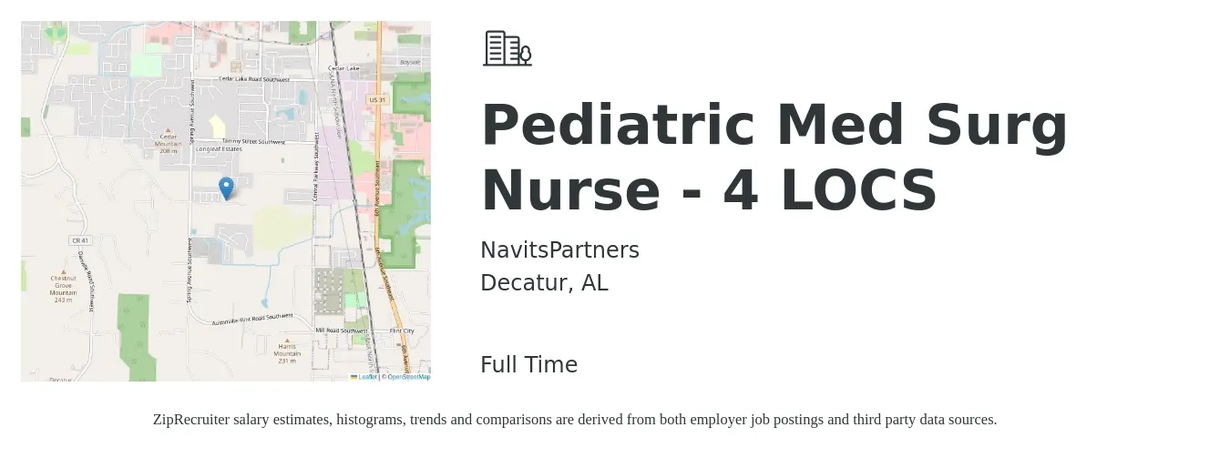 NavitsPartners job posting for a Pediatric Med Surg Nurse - 4 LOCS in Decatur, AL with a salary of $1,810 to $2,550 Weekly with a map of Decatur location.