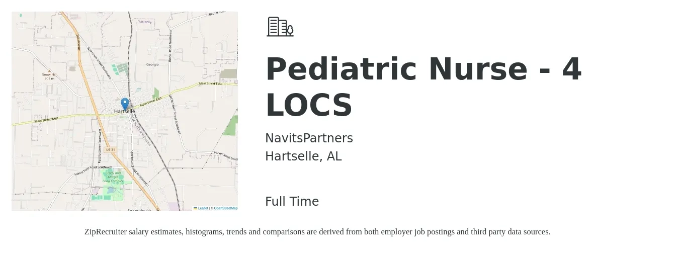 NavitsPartners job posting for a Pediatric Nurse - 4 LOCS in Hartselle, AL with a salary of $27 to $38 Hourly with a map of Hartselle location.