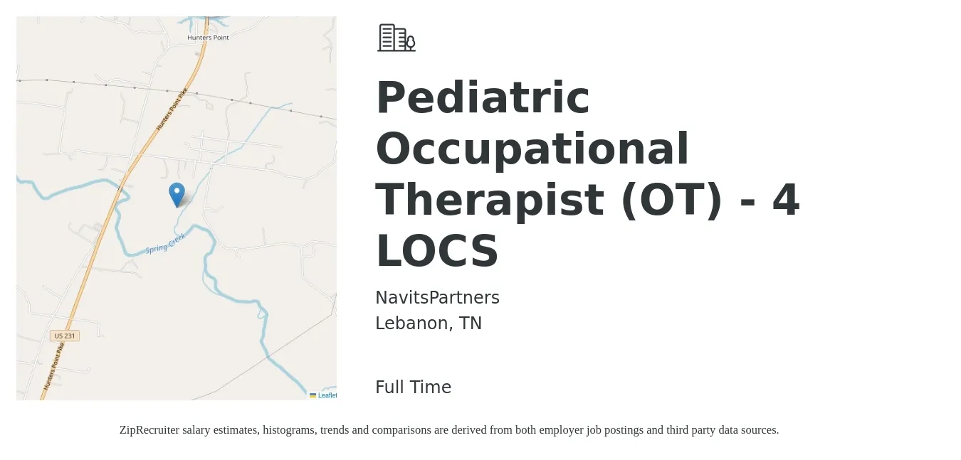 NavitsPartners job posting for a Pediatric Occupational Therapist (OT) - 4 LOCS in Lebanon, TN with a salary of $67,600 to $91,200 Yearly with a map of Lebanon location.