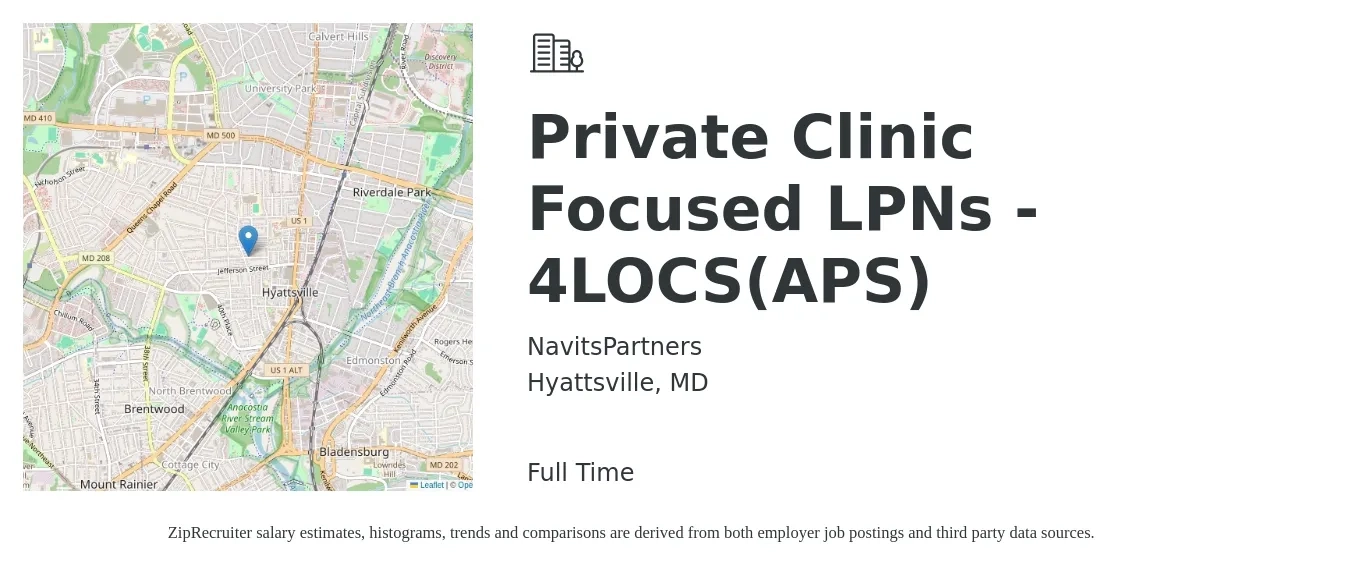 NavitsPartners job posting for a Private Clinic Focused LPNs - 4LOCS(APS) in Hyattsville, MD with a salary of $26 to $35 Hourly with a map of Hyattsville location.