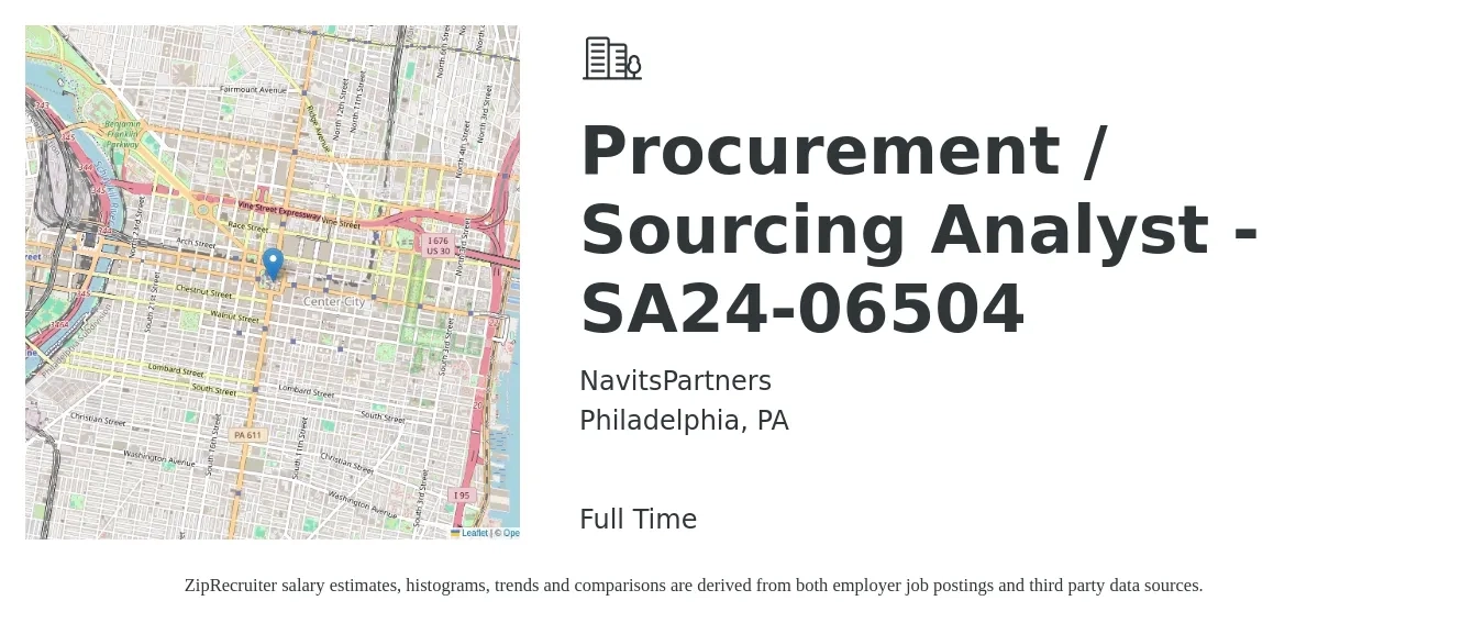 NavitsPartners job posting for a Procurement / Sourcing Analyst - SA24-06504 in Philadelphia, PA with a salary of $61,000 to $117,600 Yearly with a map of Philadelphia location.