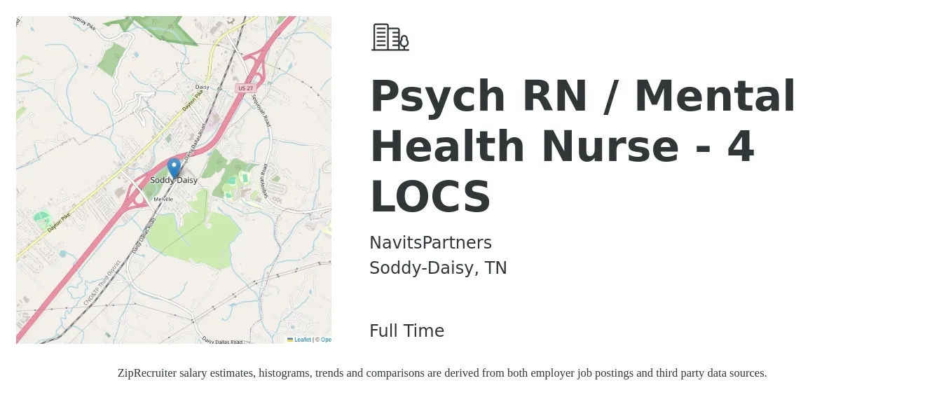 NavitsPartners job posting for a Psych RN / Mental Health Nurse - 4 LOCS in Soddy-Daisy, TN with a salary of $1,600 to $2,190 Weekly with a map of Soddy-Daisy location.
