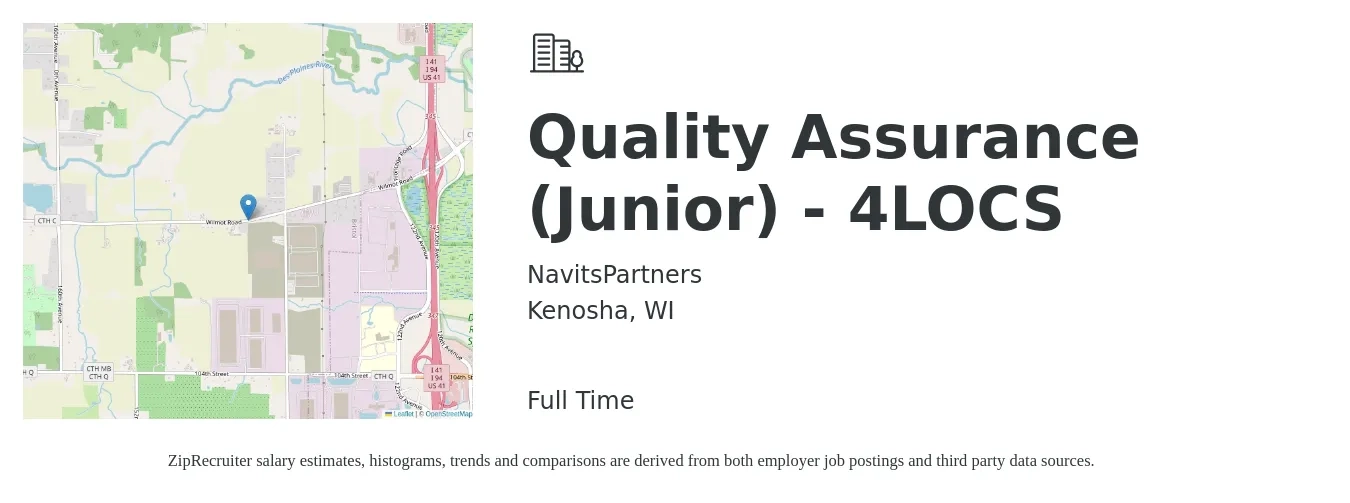 NavitsPartners job posting for a Quality Assurance (Junior) - 4LOCS in Kenosha, WI with a salary of $20 to $30 Hourly with a map of Kenosha location.