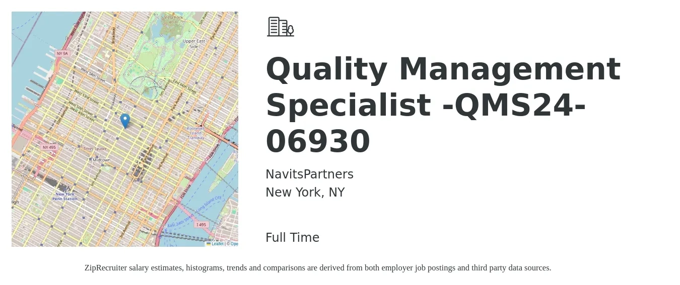 NavitsPartners job posting for a Quality Management Specialist -QMS24-06930 in New York, NY with a salary of $30 to $46 Hourly with a map of New York location.