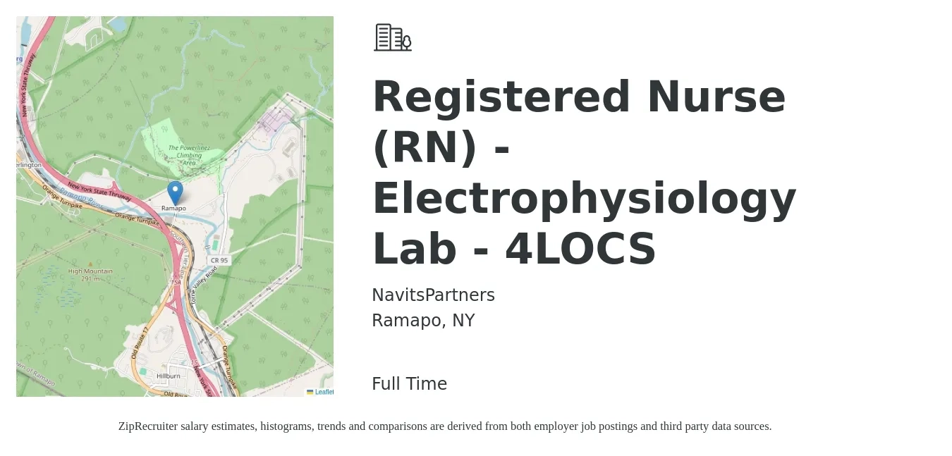 NavitsPartners job posting for a Registered Nurse (RN) - Electrophysiology Lab - 4LOCS in Ramapo, NY with a salary of $2,460 to $3,420 Weekly with a map of Ramapo location.