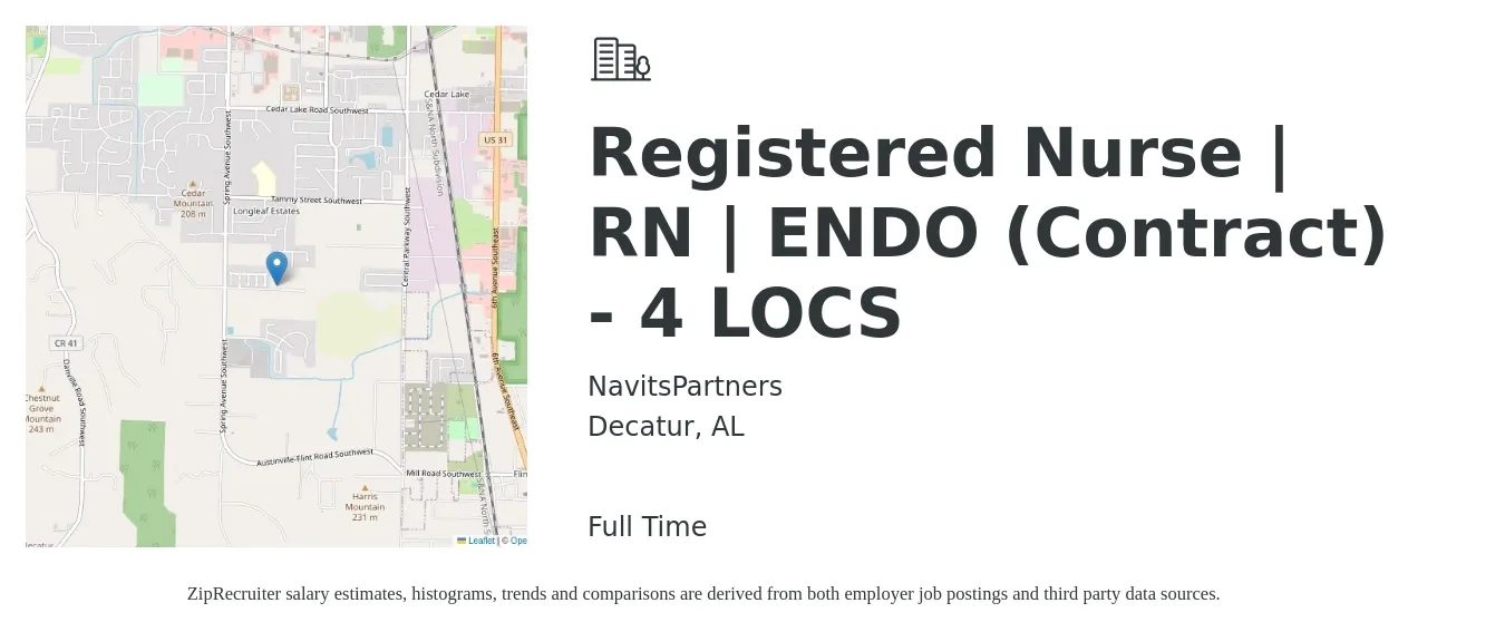 NavitsPartners job posting for a Registered Nurse | RN | ENDO (Contract) - 4LOCS in Decatur, AL with a salary of $33 to $50 Hourly with a map of Decatur location.