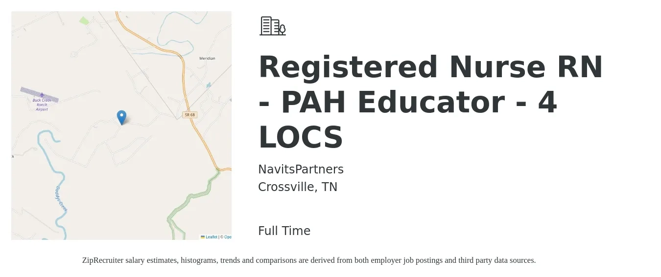 NavitsPartners job posting for a Registered Nurse RN - PAH Educator - 4 LOCS in Crossville, TN with a salary of $1,440 to $2,150 Weekly with a map of Crossville location.