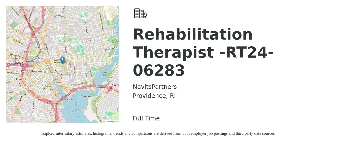 NavitsPartners job posting for a Rehabilitation Therapist -RT24-06283 in Providence, RI with a salary of $40,400 to $86,400 Yearly with a map of Providence location.