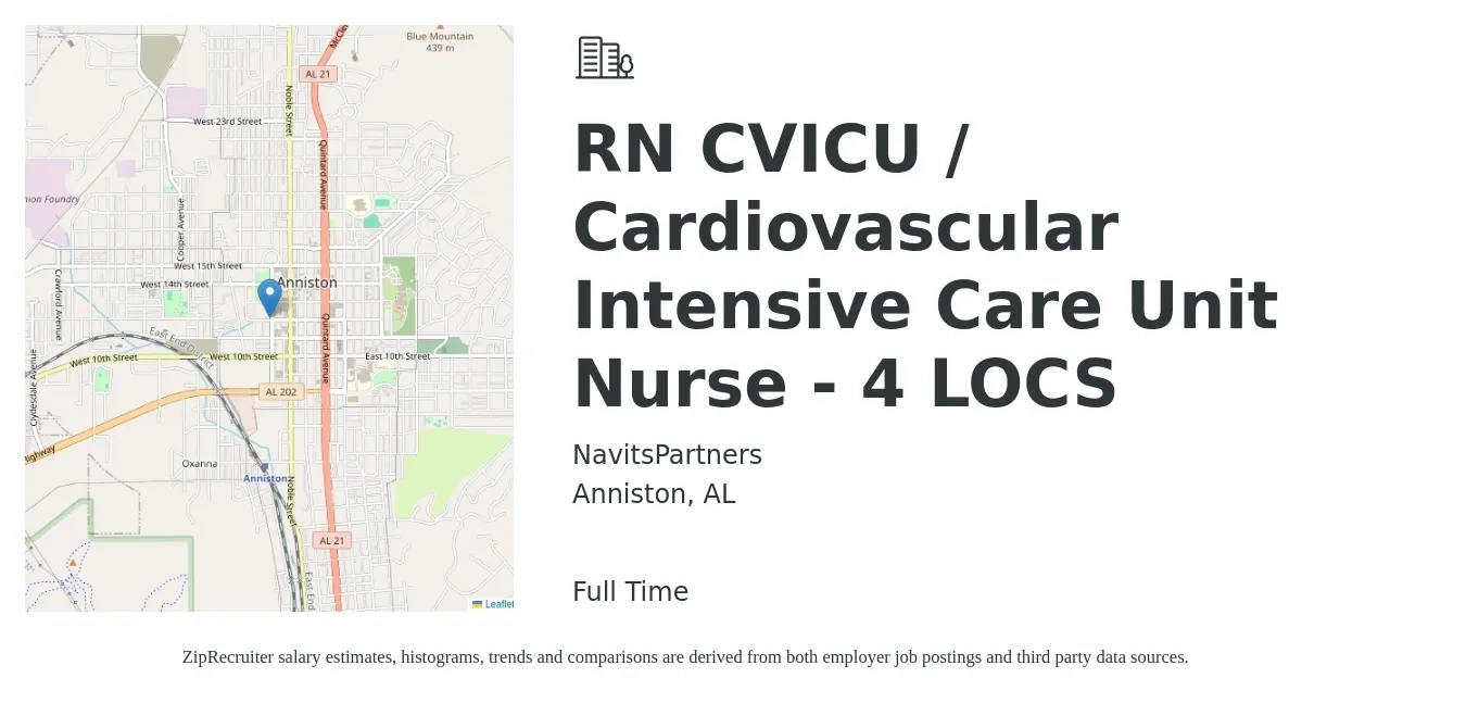 NavitsPartners job posting for a RN CVICU / Cardiovascular Intensive Care Unit Nurse - 4LOCS in Anniston, AL with a salary of $1,800 to $2,540 Weekly with a map of Anniston location.
