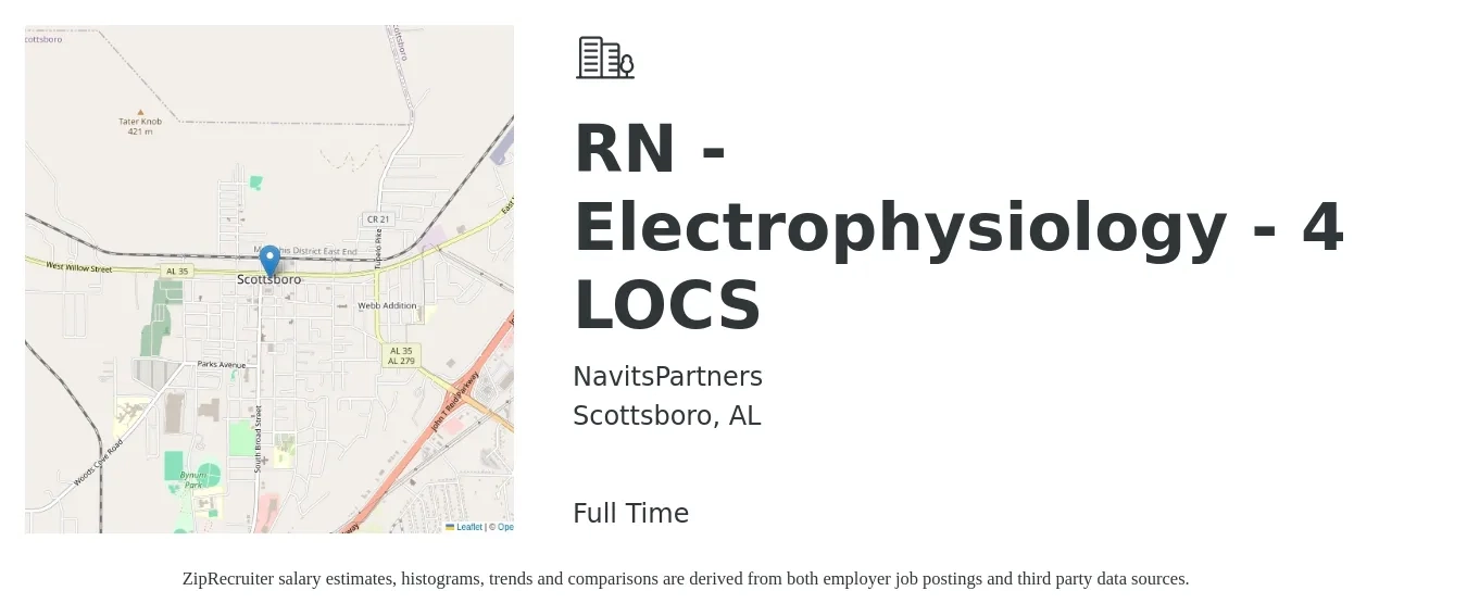 NavitsPartners job posting for a RN - Electrophysiology - 4 LOCS in Scottsboro, AL with a salary of $2,110 to $2,940 Weekly with a map of Scottsboro location.